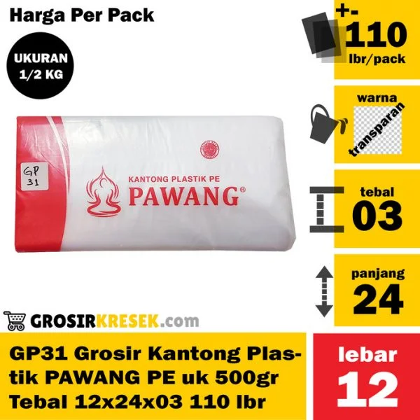 GP31 Grosir Kantong Plastik PAWANG PE uk 500gr Tebal 12x24x03 110 lmbr
