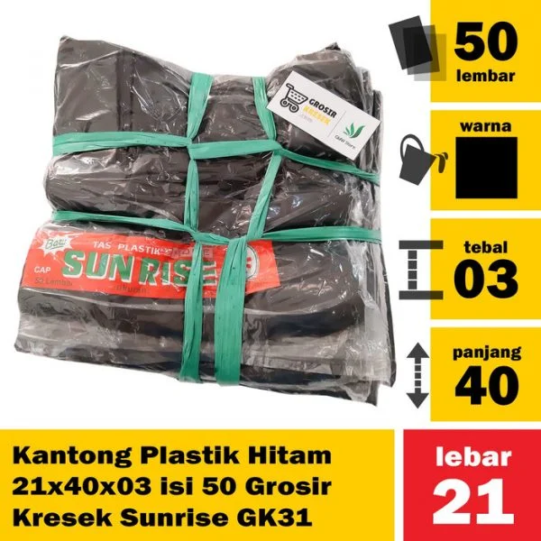 Kantong Plastik Hitam 21x40x03 isi 50 Grosir Kresek Sunrise GK31