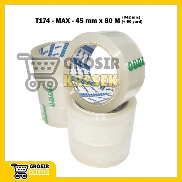 T174 Lakban Bening MAX 45 mm x 90 yard (80 meter) 042 micron - Grosir Isolasi Plester Transparan Core Blue