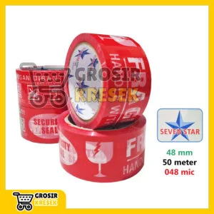 T193 Lakban Fragile Merah SEVEN STAR 48mm 50 meter 048mic - Tape Plester Motif Jangan Dibanting Handle With Care