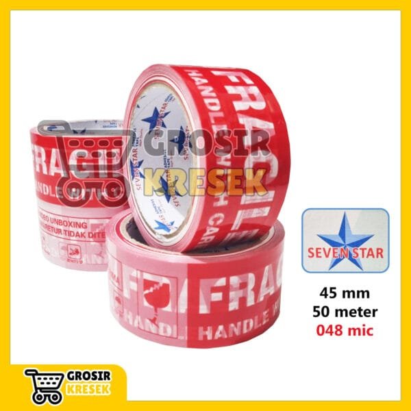 T195 Lakban Fragile Merah Putih SEVEN STAR 45mm 50 meter 048mic - Tape Red (Handle With Care) White (Video Unboxing)