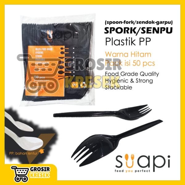 T201 Suapi PP Spork Hitam (SenPu Sendok-Garpu / Spoon-Fork) isi 50 pcs