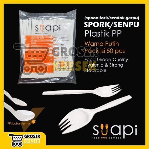 T202 Suapi PP Spork Putih (SenPu Sendok-Garpu / Spoon-Fork) isi 50 pcs