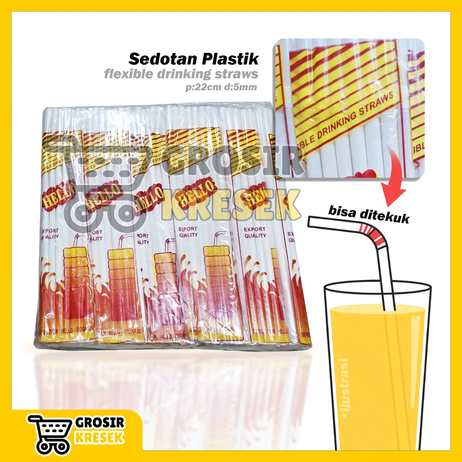 [Grosir] T217 Sedotan Plastik Hello Putih 22 cm d.5mm Pack Besar isi 240 biji (16 x 15 biji) bisa ditekuk Straw Minuman Es Teh Higenis